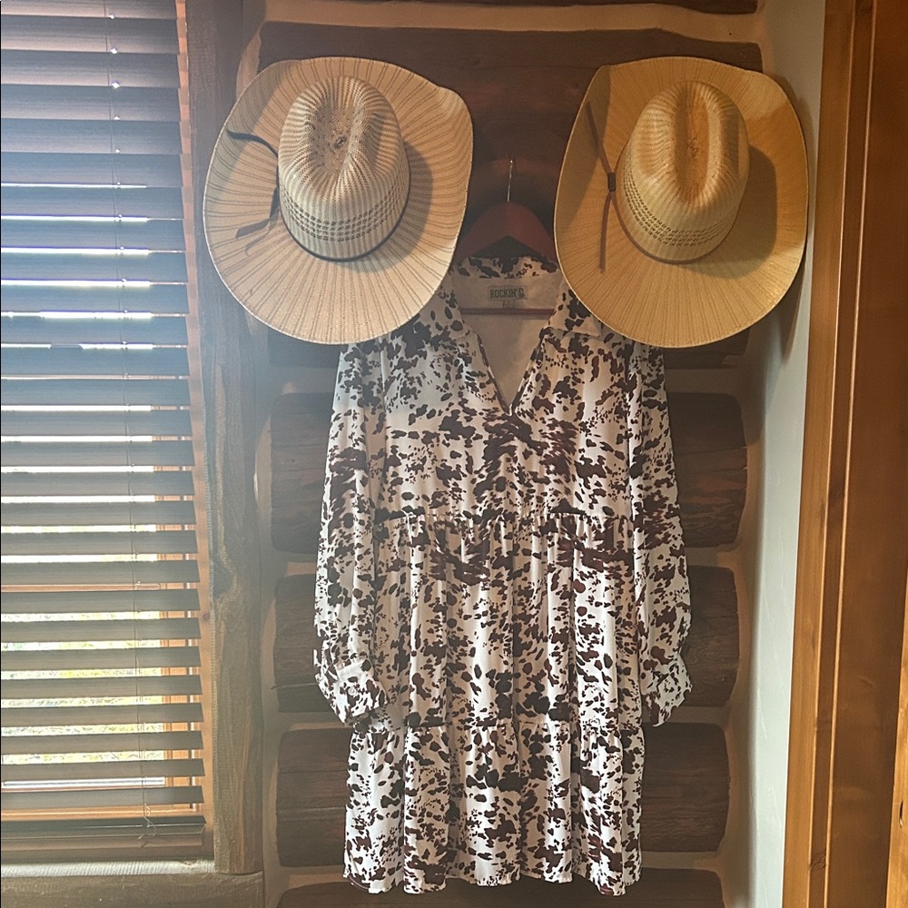 Brown and White Long Sleeve, Collared Dress